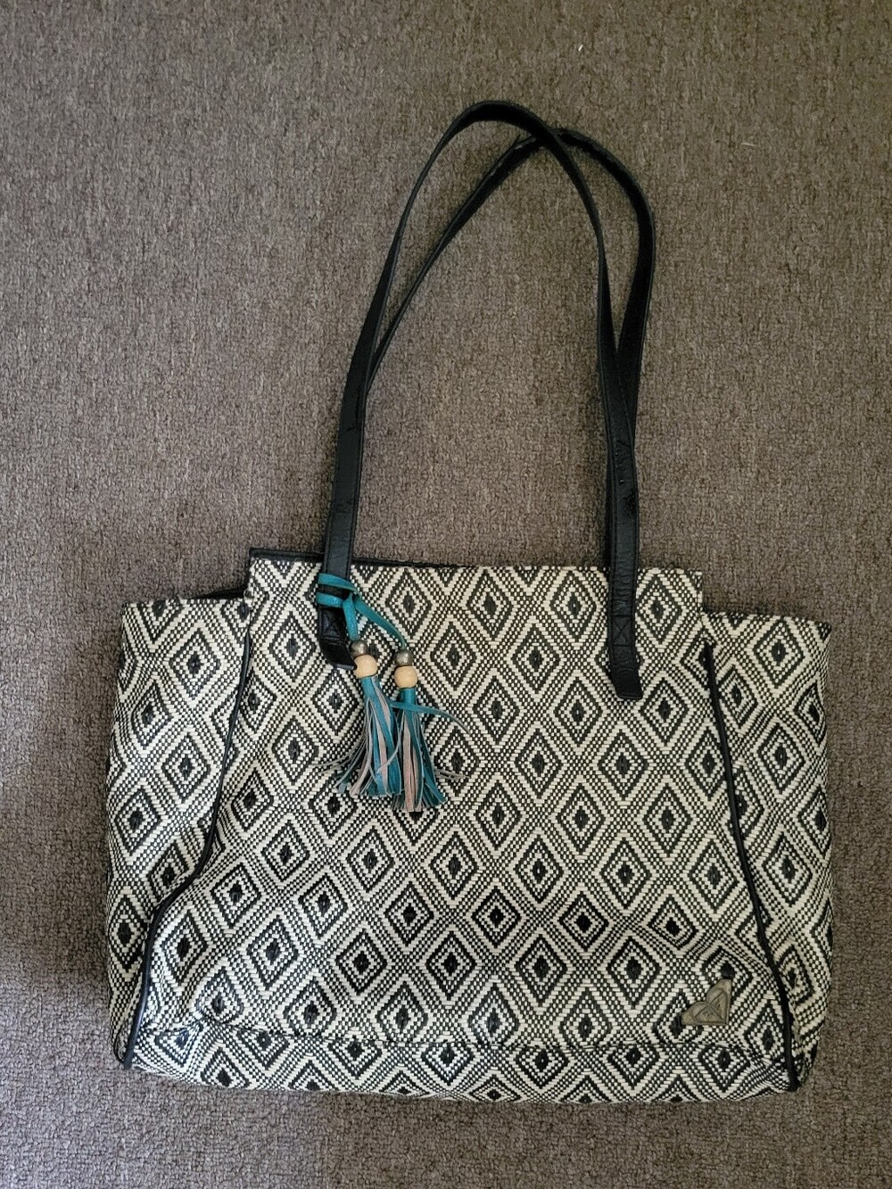 Roxy Large Black & Cream Geometric Diamond Tote Purse with Tassels